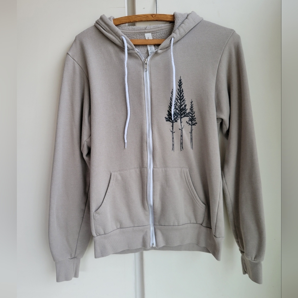 Salty Raven Tree Screen Print Ultra Soft Zip Hoodie Unisex Taupe Grey Size S